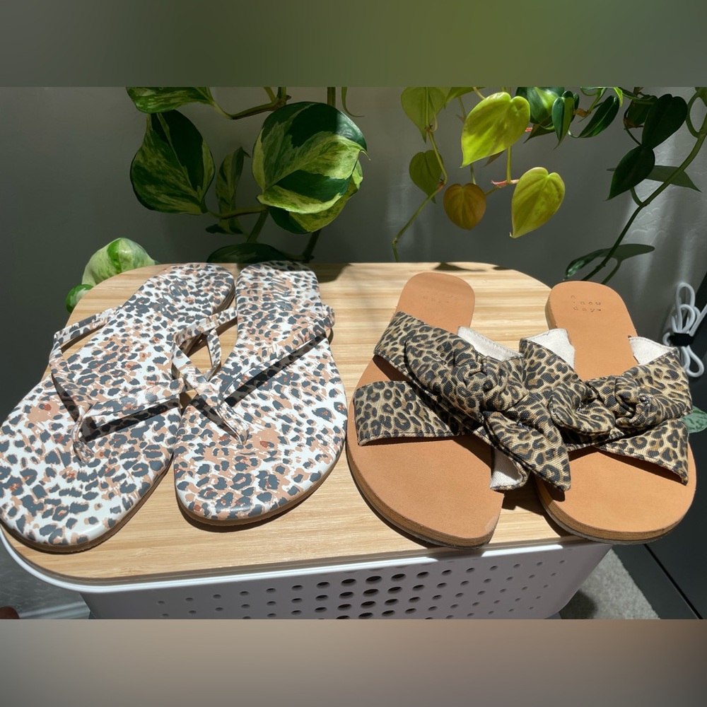 Two pair leopard print sandals slides